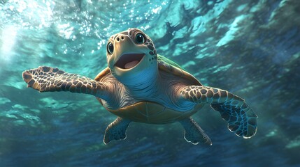 Obraz premium Smiling Sea Turtle Swimming in an Underwater Coral Environment