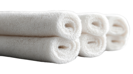 Rolled Towels: Soft, tightly rolled towels showcasing a minimalist aesthetic, perfect for a spa or home decor scene.