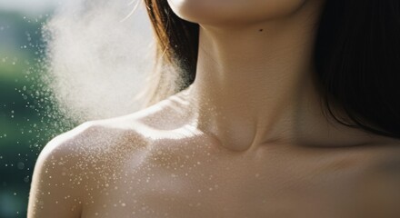 夏の夕暮れ、女性、肌、ミスト、爽やか、ビューティー、クローズアップ｜夏の夕焼け空の下、女性モデル、肌ケア、化粧水、美容