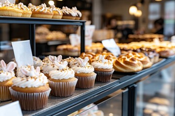 An exquisite arrangement of beautifully decorated cupcakes and pastries, showcasing artistic designs and a delightful variety of flavors set in a chic modern bakery.