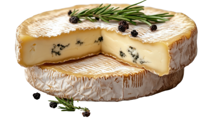 Artisan Cheese Delight: A close-up shot showcases a wheel of delectable artisan cheese, artfully sliced to reveal its creamy interior, adorned with fragrant herbs and peppercorns.