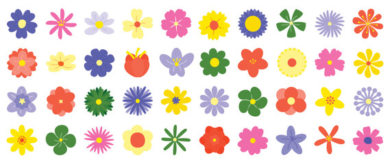 Obraz premium Collection of spring colorful flower elements vector. Set floral of wildflower, daisy, sunflower on white background. Hand drawn blossom illustration for decor, easter, sticker, clipart, print.