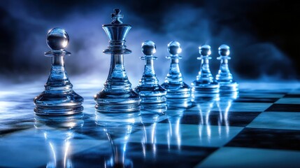 A close-up of glass chess pieces on a chessboard, illuminated with dramatic lighting.