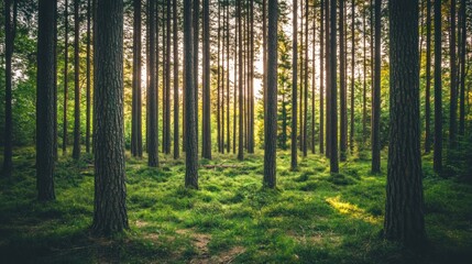 Fototapeta premium A serene forest scene with tall trees and lush greenery illuminated by soft sunlight.