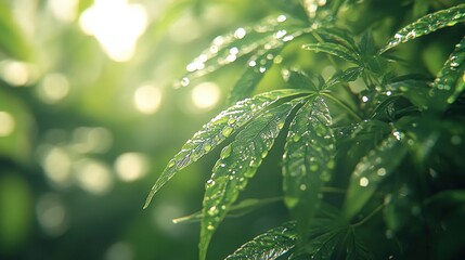 Close-up of vibrant green cannabis leaves glistening with morning dew, bathed in sunlight