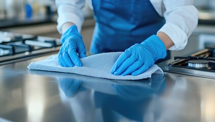 Commercial kitchen cleaning.  Person in blue cleaning stainless steel counter top