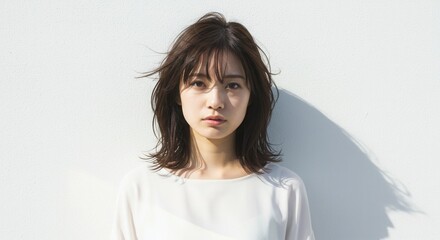 白い壁の前で、自然な表情の若い女性ポートレート：爽やかなショートボブヘアスタイル、ナチュラルメイク