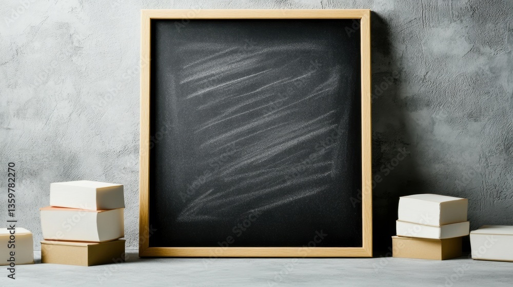 Poster a blank chalkboard with light chalk markings and two stacks of rectangular soaps in simple packaging