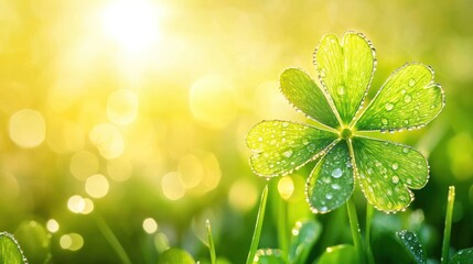 A close-up of a four-leaf clover with dew drops, illuminated by soft sunlight.