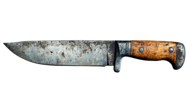 A weathered knife: A rustic, well-used knife, its blade showing signs of wear and tear, lies on a surface. The intricate details tell a story of use.