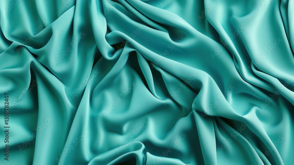 Poster close-up view of draped teal fabric showcasing soft folds and creases that create a beautifully text