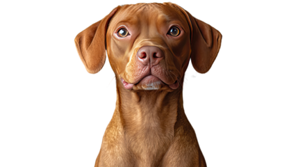 Loyal Gaze: A majestic Vizsla dog gazes directly at the viewer, its deep brown eyes radiating warmth and intelligence, set against a clean backdrop.