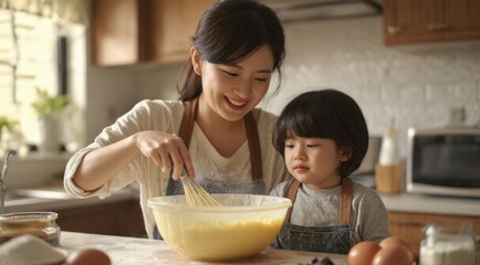 A joyful moment of a mother and child baking together.