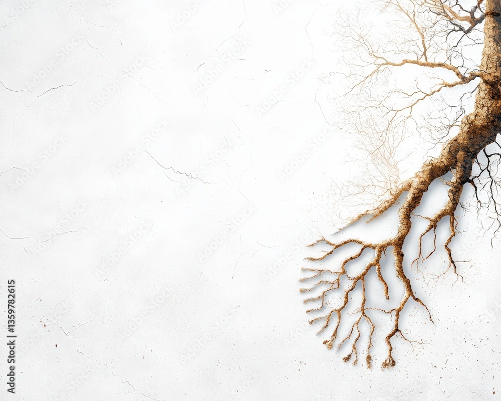 Poster a tree with roots that are visible on a white background. the roots are twisted and gnarled
