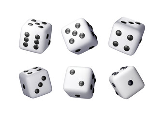 3D set of dice white playing cube isolated. Render collection of rolling dice cube with dots icon. Idea of random choice or decision. Poker dice gambling casino, bet and sports. Vector illustration