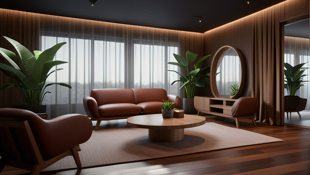 Salon moderne en bois cir&eacute; et billant.