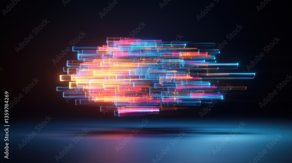 Poster vibrant abstract digital art with luminous multicolored rectangular light streaks resembling energy 