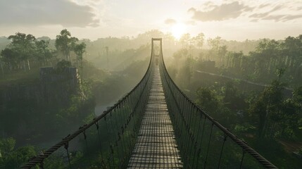 Obraz premium A scenic suspension bridge stretching over a deep rainforest valley.