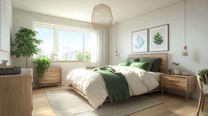 Bright Scandinavian bedroom, soft white bedding, green throw pillows and plant accents, wooden furniture, natural light flooding the space, wide-angle corner view.  