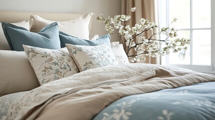 Obraz premium Bright spring bedroom, neatly arranged bed with muted tones of beige and blue pillows, a branch with white flowers creating a delicate accent, airy and calming, wide-angle side shot. 