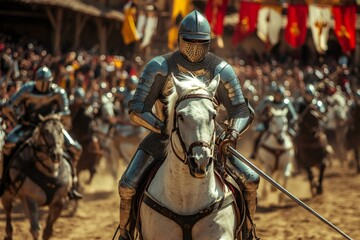 Fototapeta premium Medieval knights jousting on horseback in tournament with lance and armor