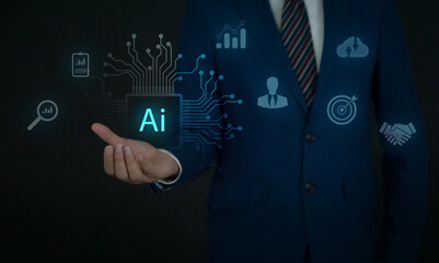 A business professional in a suit stand confidently, presenting various artificial intelligence icon. The sleek background emphasizes the importance of technology in contemporary business.
