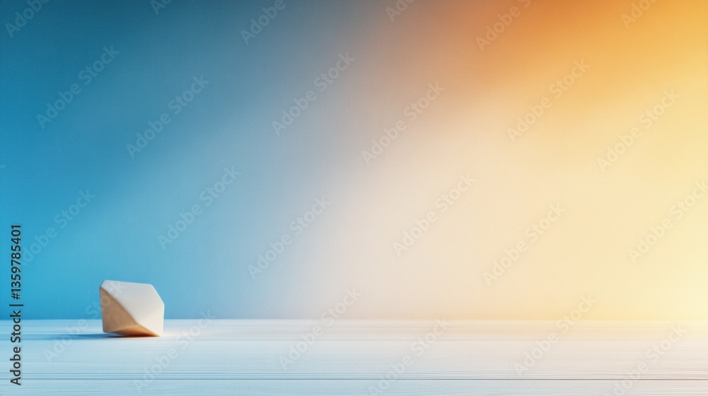 Poster geometric wooden object in light color on white surface with blurred background transitioning from t