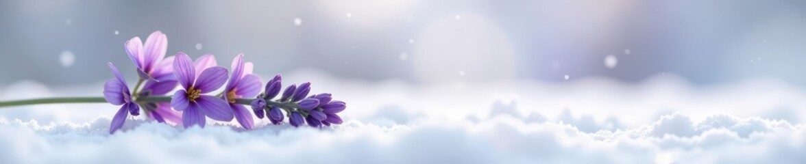 Obraz premium Single lavender flower on a snowy white surface, pure, lavender