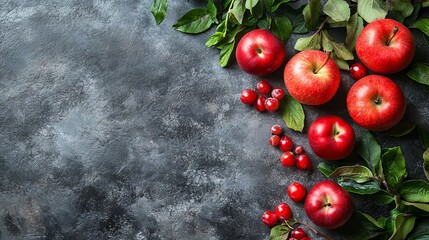 Red Apples and Berries on Dark Background