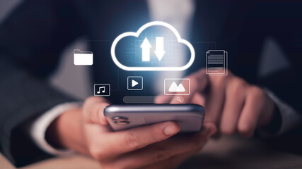 Businessman use cloud Storage Technology Secure File Backup, Upload, and Access Solutions data protection, easy download, and cloud-based systems for modern digital management.