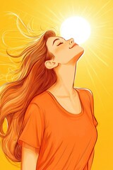 A woman with long hair is smiling and looking up at the sun. Concept of happiness and positivity