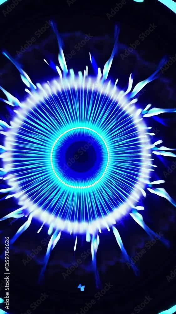 Poster visual journey through dynamic abstract patterns with vibrant blue and white colors