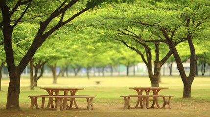 Naklejka premium Serene Picnic Tables Under Lush Green Trees