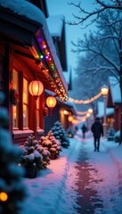 Fototapeta premium Snow-covered cornice lined with twinkling fairy lights and colorful lanterns, decorations, festive, colored lights