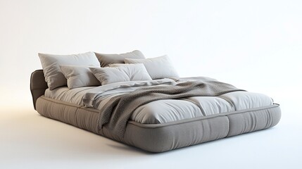 Comfortable bed with layered pillows and a plush blanket, footstool for added functionality, bright daylight illuminating the space, minimalist decor, front-facing perspective.  