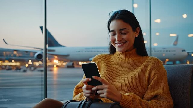 Smiling woman departure eyeglasses and in sweater using mobile phone with airport lounge, waiting for flight yellow video 4k