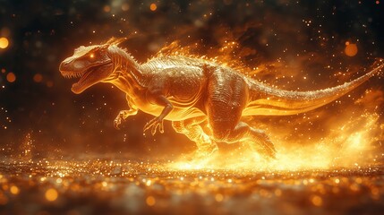 Fototapeta premium Majestic golden dinosaur in powerful motion against a sparkling red background
