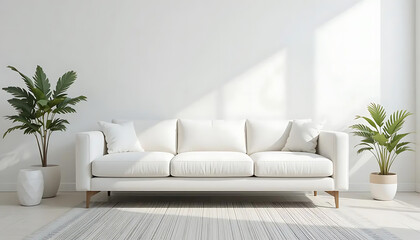Fototapeta premium Modern White Couch in Bright Minimalist Room with Plants and Sunlight