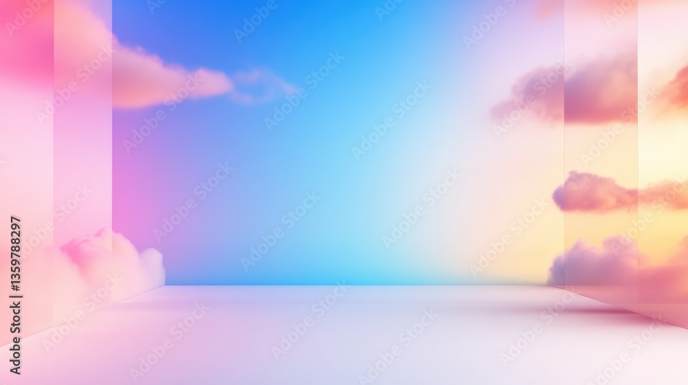 Poster a serene minimalist empty room with pastel walls and a sky-like backdrop featu soft clouds and a gra
