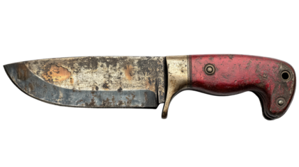 Vintage Knife: An antique knife, featuring a worn red handle and a tarnished blade, showcasing the marks of time and use, ready to be placed in the scene