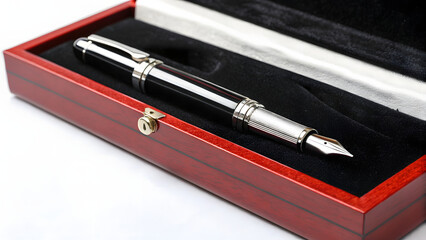 high end calligraphy pen elegantly displayed in luxurious wooden box, showcasing its intricate design and craftsmanship