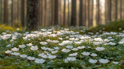 Obraz premium White Flowers Forest Sunlight Peaceful Nature Scene