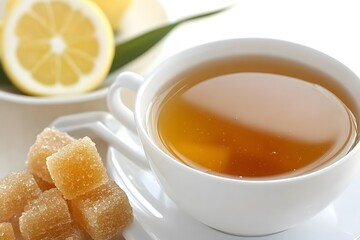 Closeup of Aromatic Tea Cup with Lemon and Brown Sugar Cubes