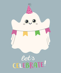 Flat Design Let;s Celebrate  Illustration with Ghost and Party hat,Decoration