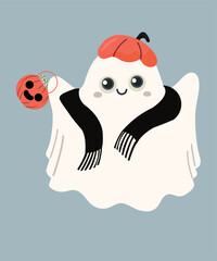 Flat Design Illustration with Ghost and Scarf,Pumpkin Bag,Hat