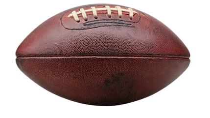 American Football Close-Up: An American football lies isolated against a clean backdrop, its rich brown leather and intricate stitching on full display, evoking the spirit of competition.