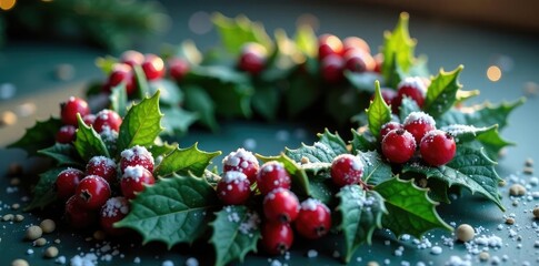 Snowflakes gently settle on a wreath of holly and red berries, berries, warm, cozy