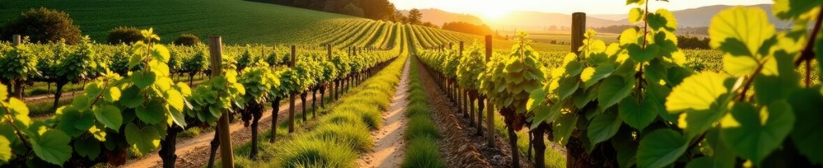 Naklejka premium Strada serpentina tra le vigne infiore sott'oltro sole, fiori di vite, colline ondulate