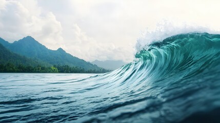 Beautiful Ocean Wave with Mountain Background and Cloudy Sky