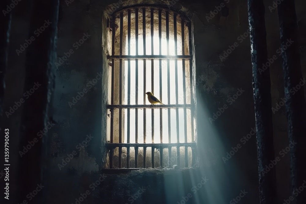 Poster bird in a dark cell with light streaming through rusty bars